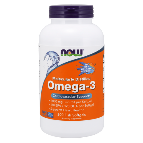 NOW - Omega-3, 1000mg, 200 Molecularly Distilled Fish Softgels