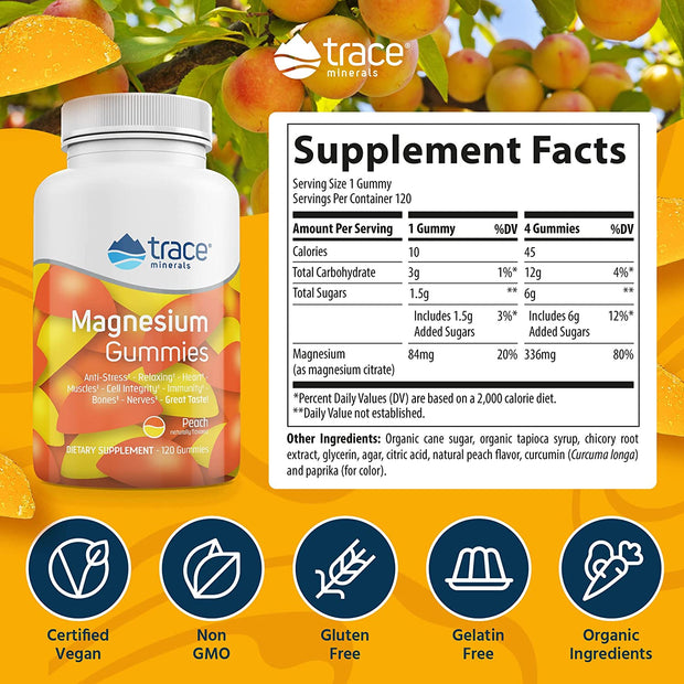 Trace Minerals - Magnesium Gummies, Stress relief & Calming sleep aid, Peach 120ct